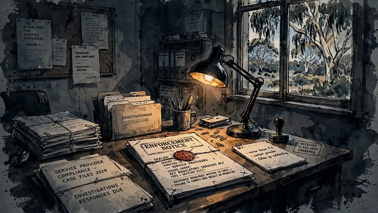 Australian regulatory office desk with enforcement documents and a window view.