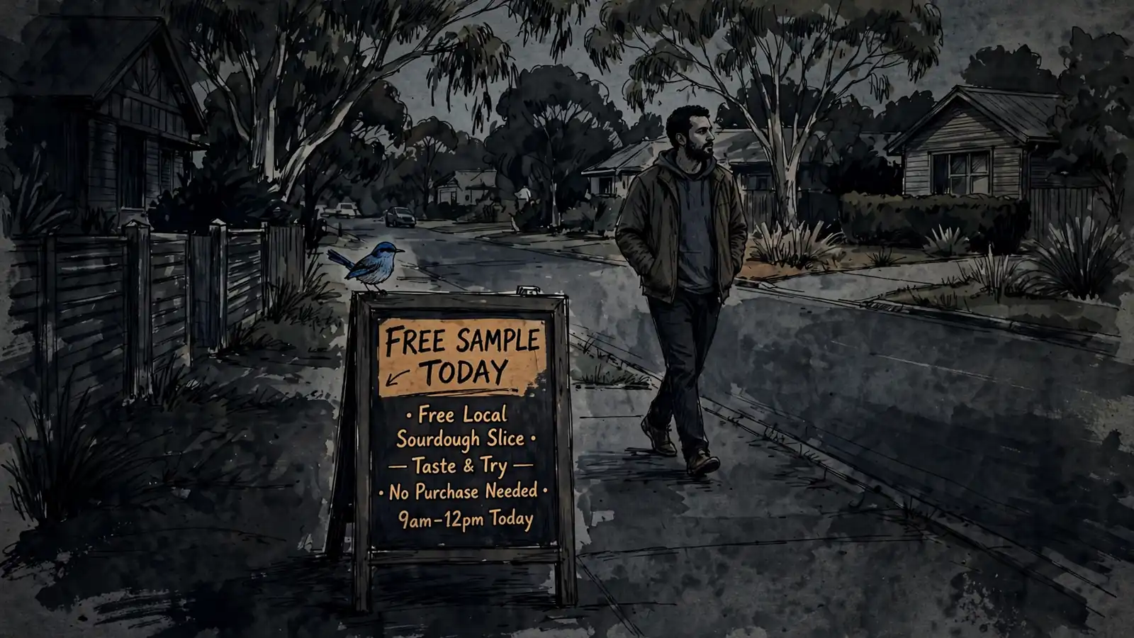 An Australian suburban sidewalk with a promotional sandwich board offering a free gift.