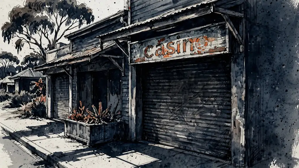 Closed Australian shopfront with a faded casino sign under bright sunlight.