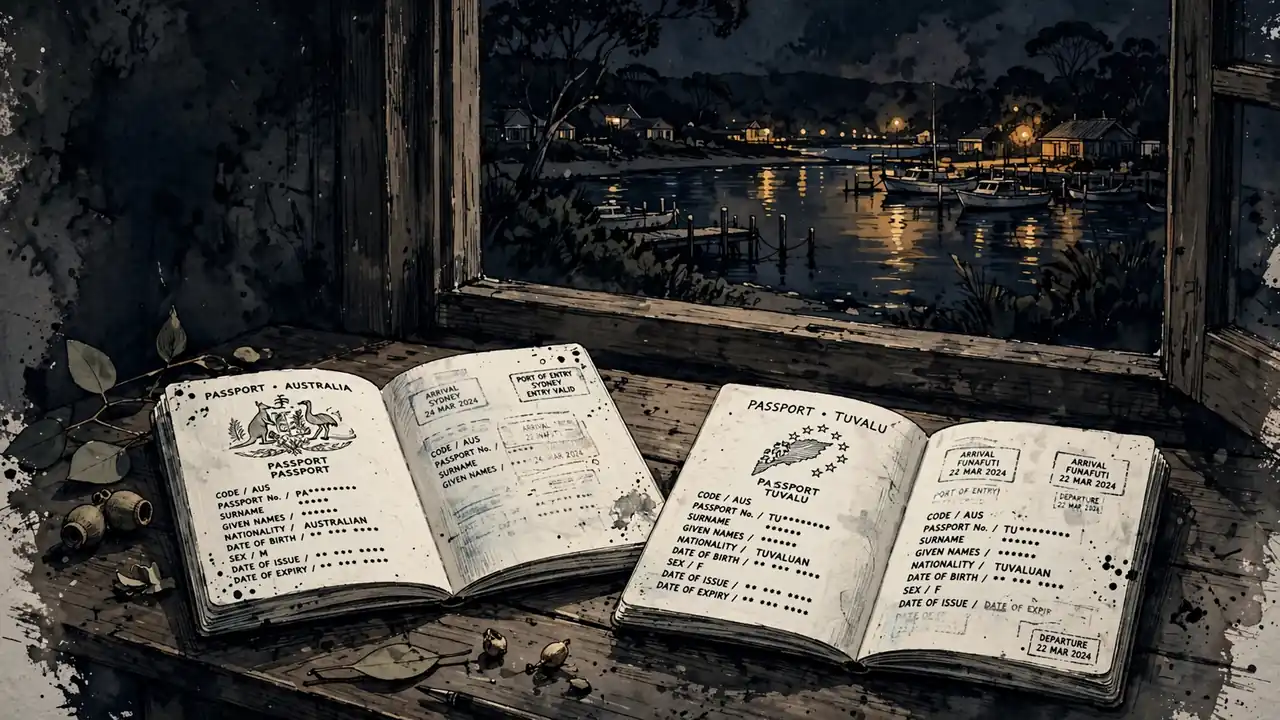 Australian and foreign passports open on a wooden table near a window.