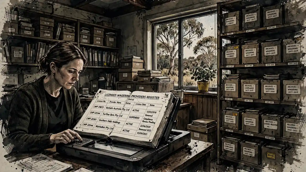 Librarian scanning a register of licensed wagering providers in an archive room.